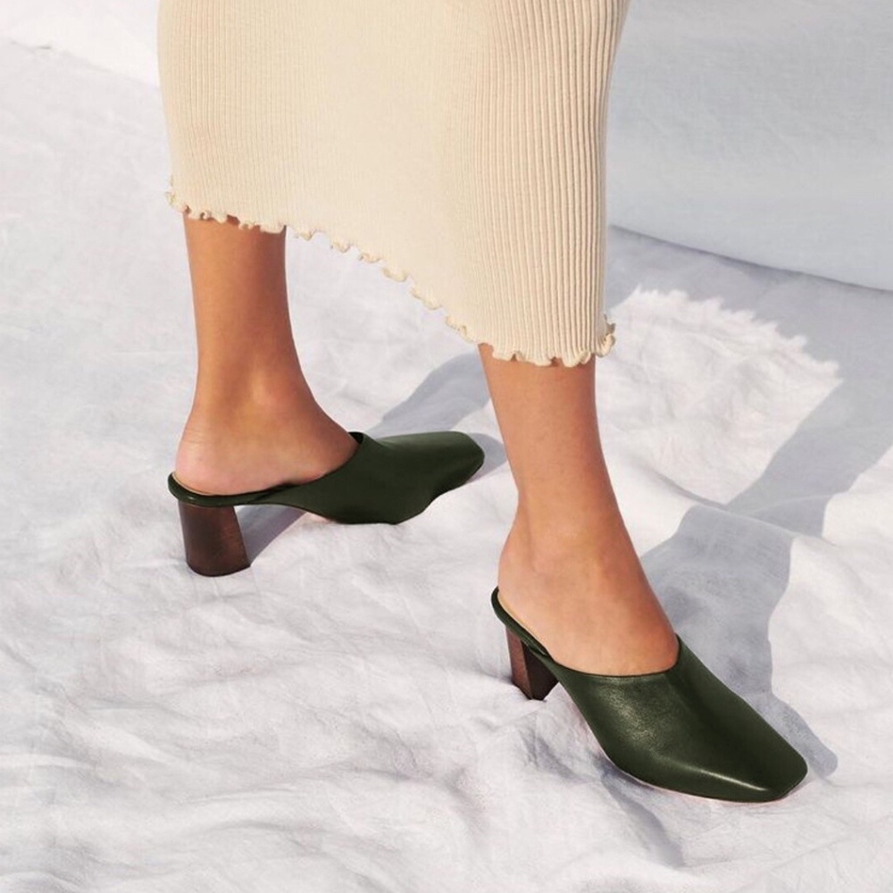 Mari Giudicelli Auro Mules dark olive green butter soft leather heels 37